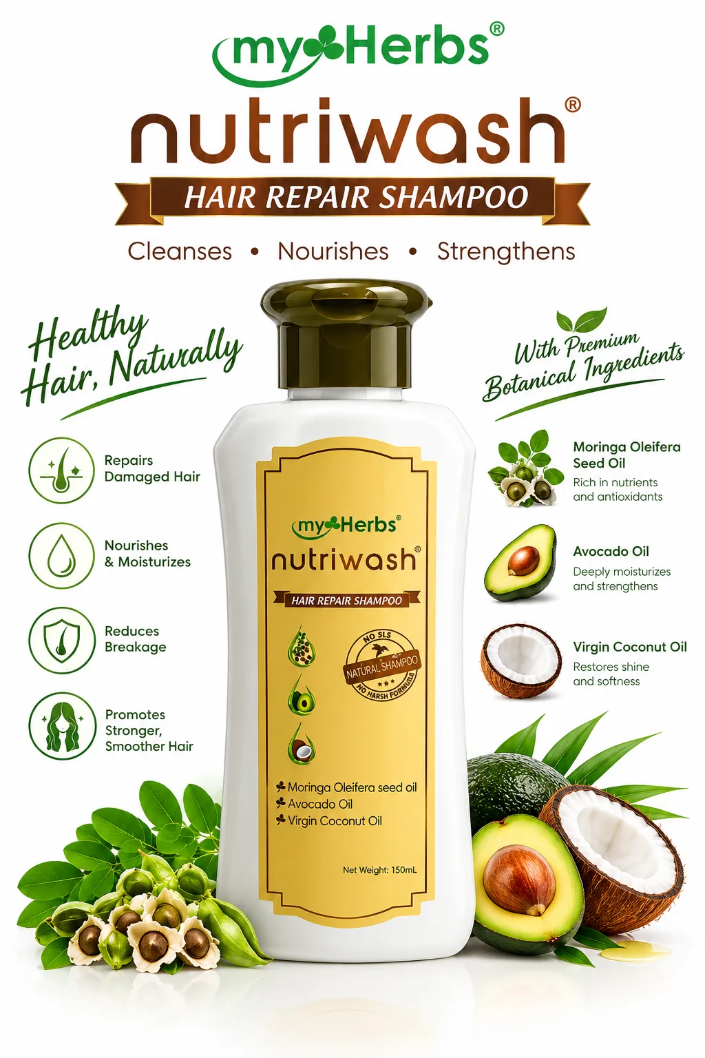 Myherbs Nutriwash Hair Repair Shampoo with Moringa Avocado & VCO150ml--BUY 1 TAKE 1