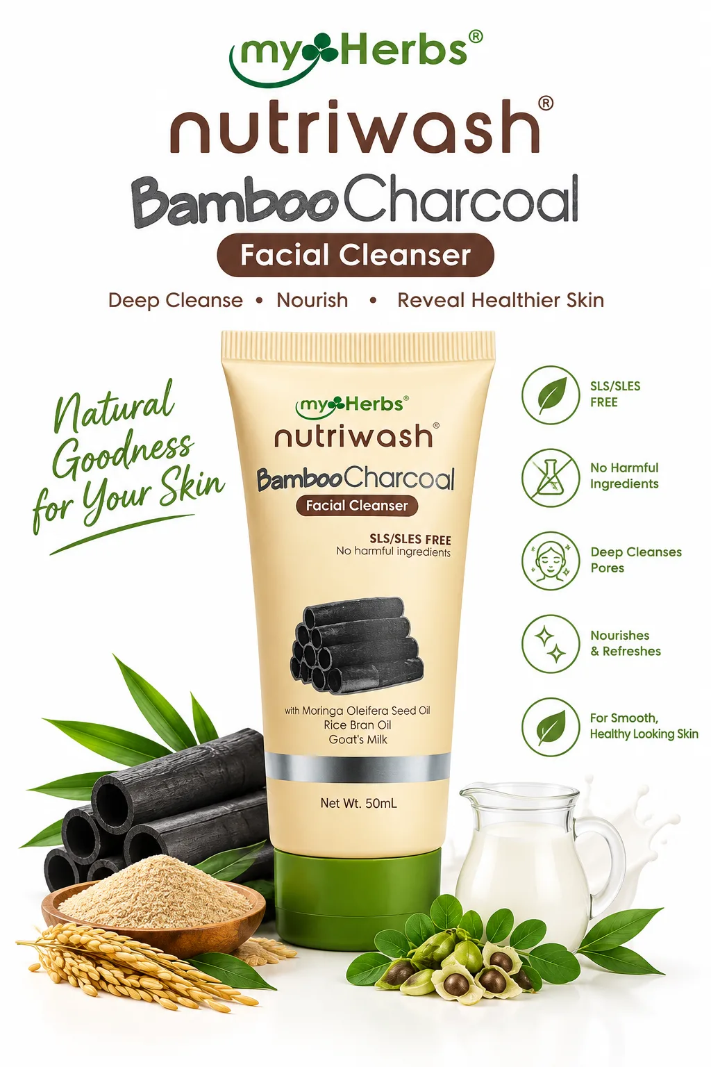 Myherbs Nutriwash Bamboo Charcoal Facial Cleanser with Goat's Milk Moringa Rice Bran Oil 50ml-- BUY 1 TAKE 1