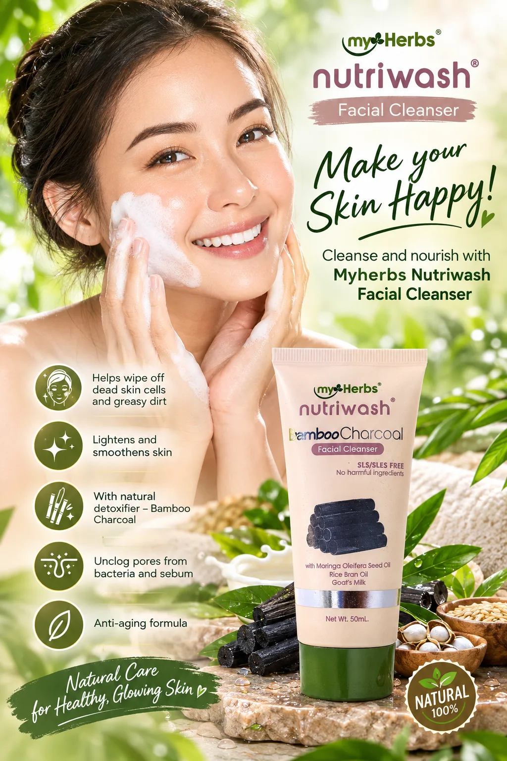 Myherbs Nutriwash Bamboo Charcoal Facial Cleanser with Goat's Milk Moringa Rice Bran Oil 50ml-- BUY 1 TAKE 1