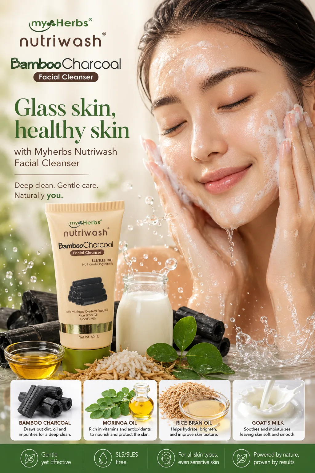 Myherbs Nutriwash Bamboo Charcoal Facial Cleanser with Goat's Milk Moringa Rice Bran Oil 50ml-- BUY 1 TAKE 1