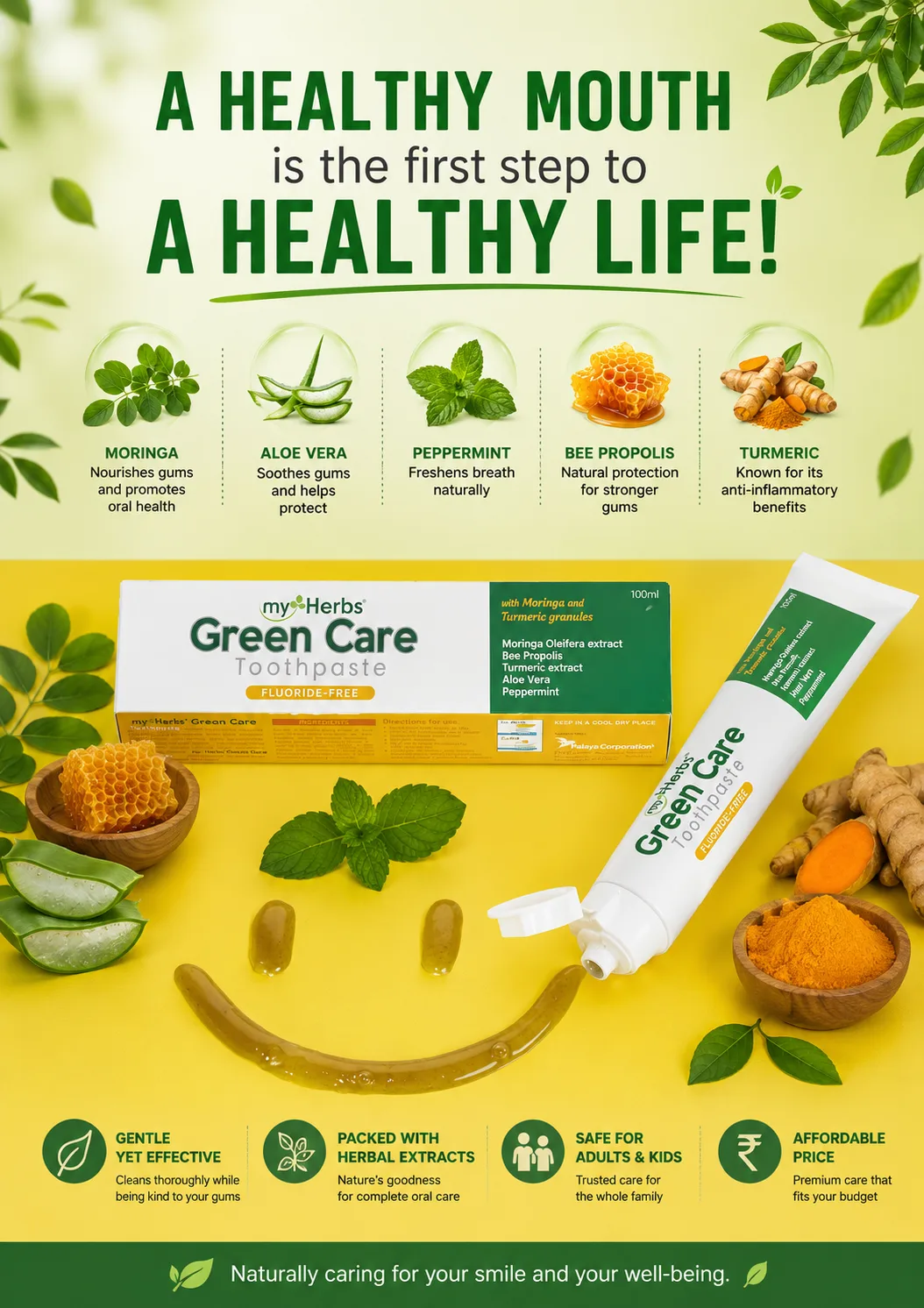 Myherbs Green Care Herbal Toothpaste with Moringa Aloe Vera Turmeric Bee Propolis Peppermint Baking soda Liquid Calcium --BUY 1 TAKE 1