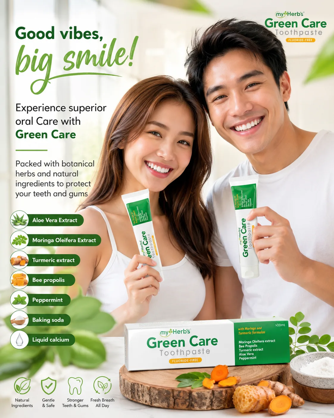 Myherbs Green Care Herbal Toothpaste with Moringa Aloe Vera Turmeric Bee Propolis Peppermint Baking soda Liquid Calcium --BUY 1 TAKE 1