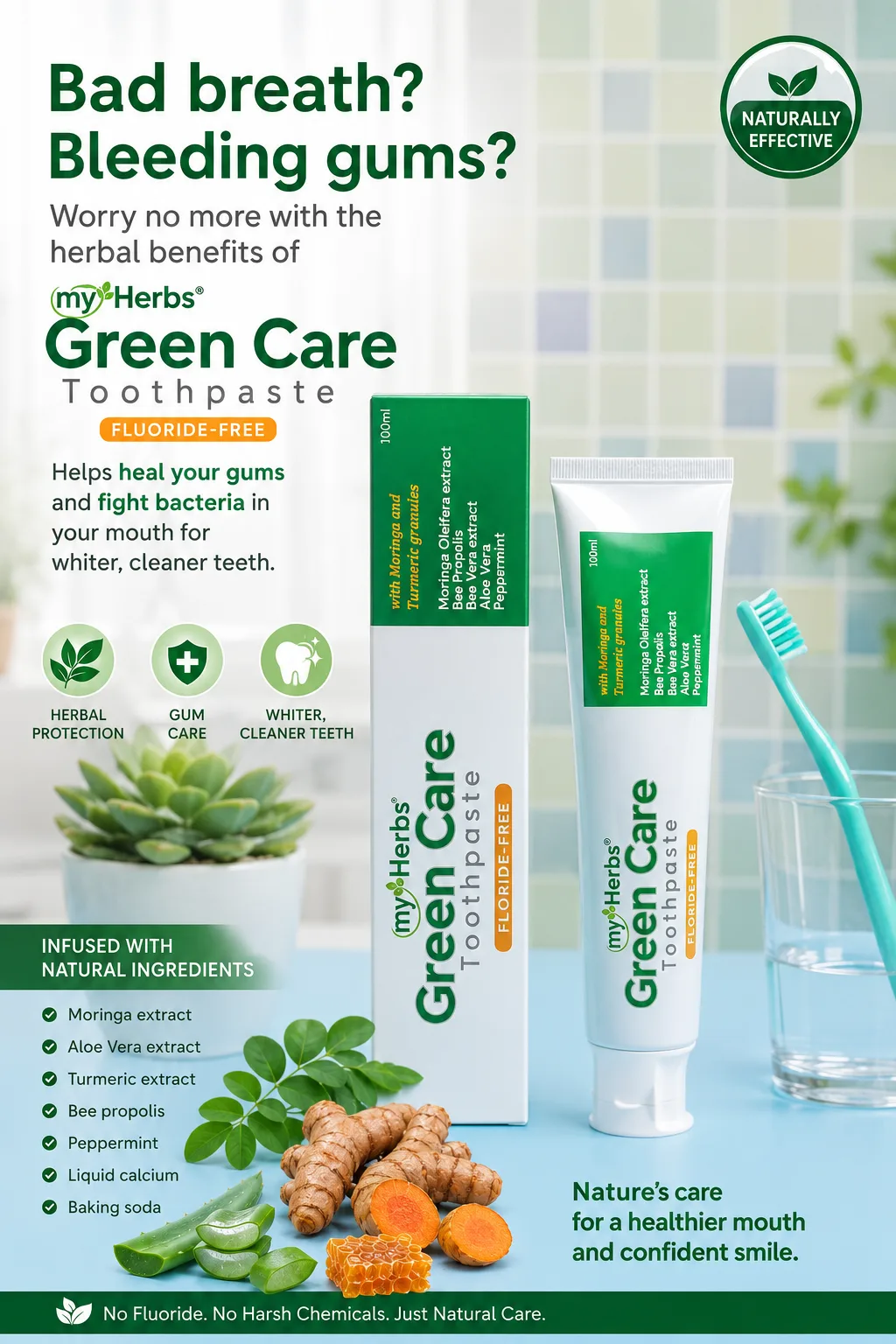 Myherbs Green Care Herbal Toothpaste with Moringa Aloe Vera Turmeric Bee Propolis Peppermint Baking soda Liquid Calcium --BUY 1 TAKE 1